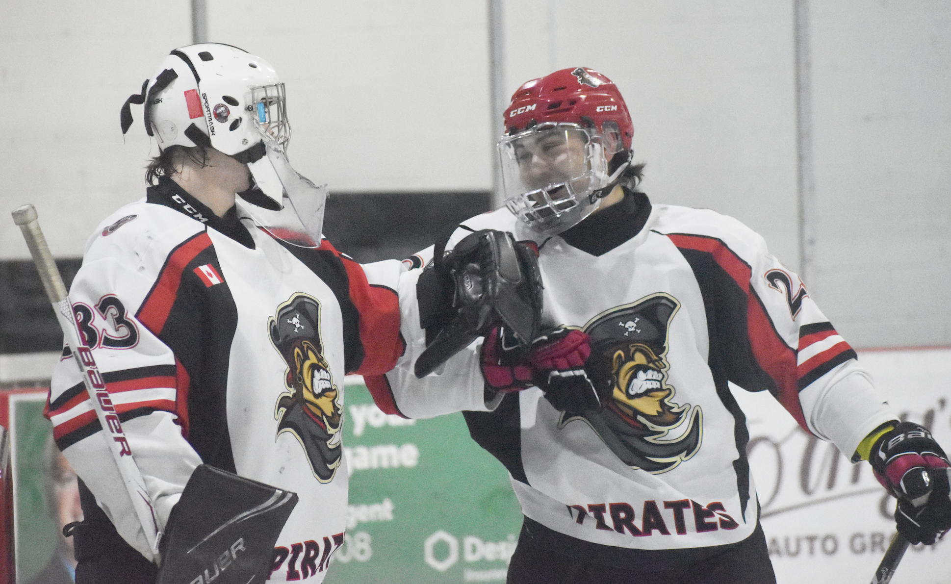 <p>New Picton Pirates goaltender Owen Willis congratulates Jack Dow on his second goal of the game on Thursday against the visiting Frankford Huskies. Willis made 19 saves in his PJHL debut, picking up a 6-0 shutout. (Gazette Staff)</p>

