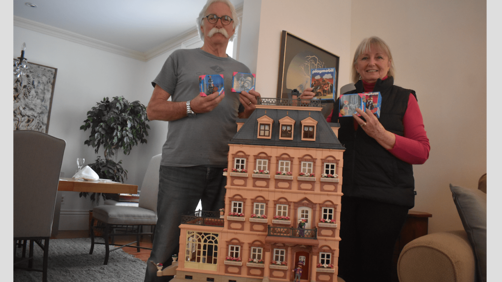 <p>Ted Longley and Wendy Murphy with Playmobil play sets and figures they will be selling off in support of Ukrainian relief efforts March 26. (Jason Parks/Gazette Staff)</p>
