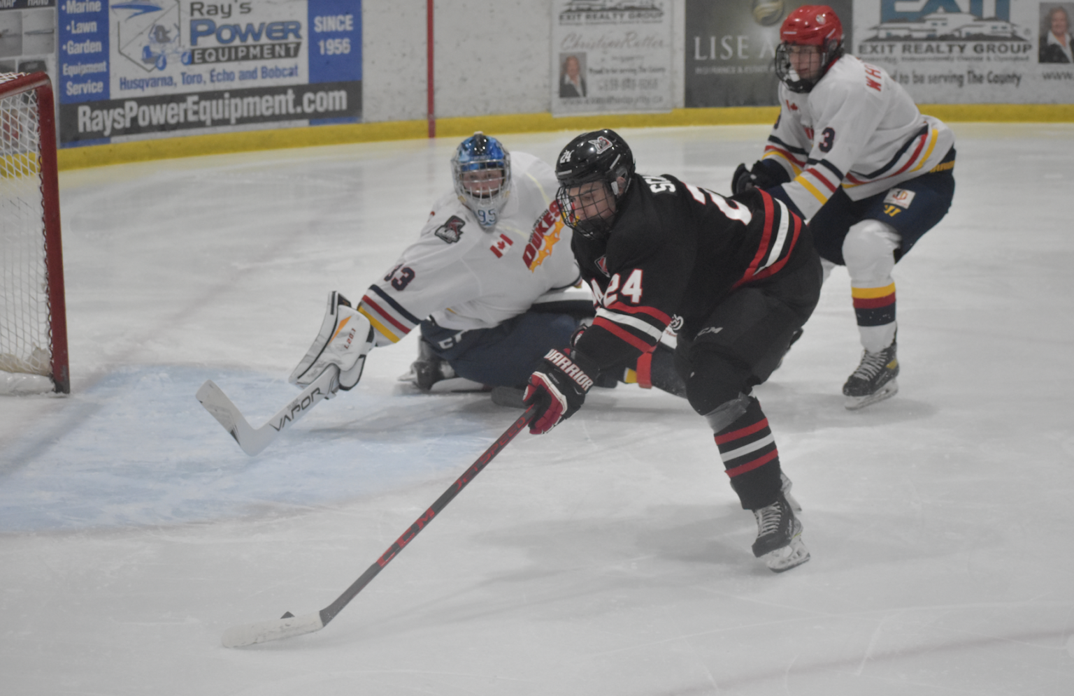 <p>Despite having an open path to the Wellington net, Ryan Schaap was foiled on this scoring attempt Friday night as the visiting Mississauga Chargers fell to the Matt Dunsmoor, Liam Whitaker and the Dukes 8-1. (Jason Parks/Gazette Staff)</p>

