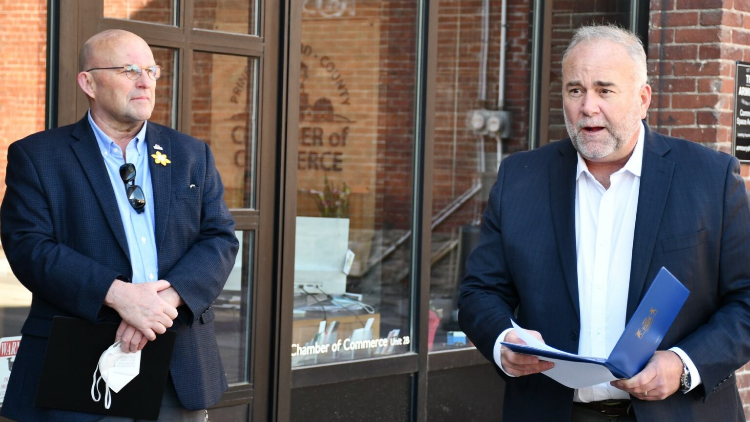 <p>County of Prince Edward Mayor Steve Ferguson listens as Bay of Quinte MPP Todd Smith announces Rural Economic Development funding on behalf of the Government of Ontario. (Submitted Photo)</p>
