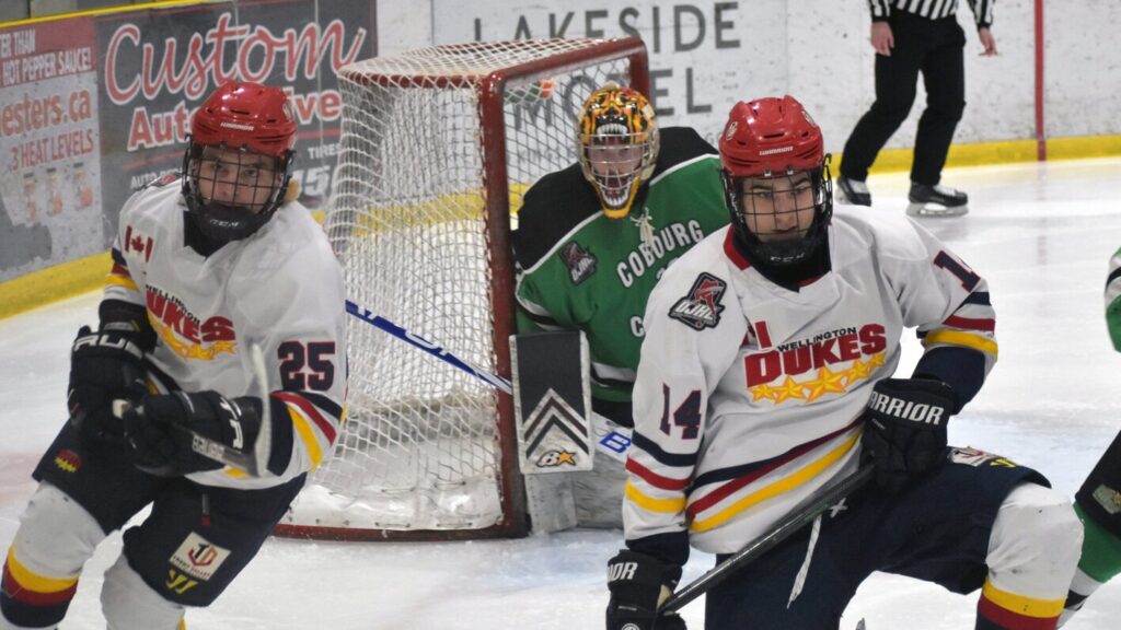 <p>EASTER COMES EARLY FOR WELLINGTON- Cobourg Cougars netminder Justin Easter gaurds his net during Game 1 of the Ontario Junior Hockey League East Division semifinals at Lehigh Arena on Sunday. Easter stymied Wellington in a COVID abbreviated best of three series, limiting Dukes shooters such as (left) Will Mitchell and (Right) Harrison Ballard to two goals through two losses. (Jason Parks/Gazette Staff)</p>

