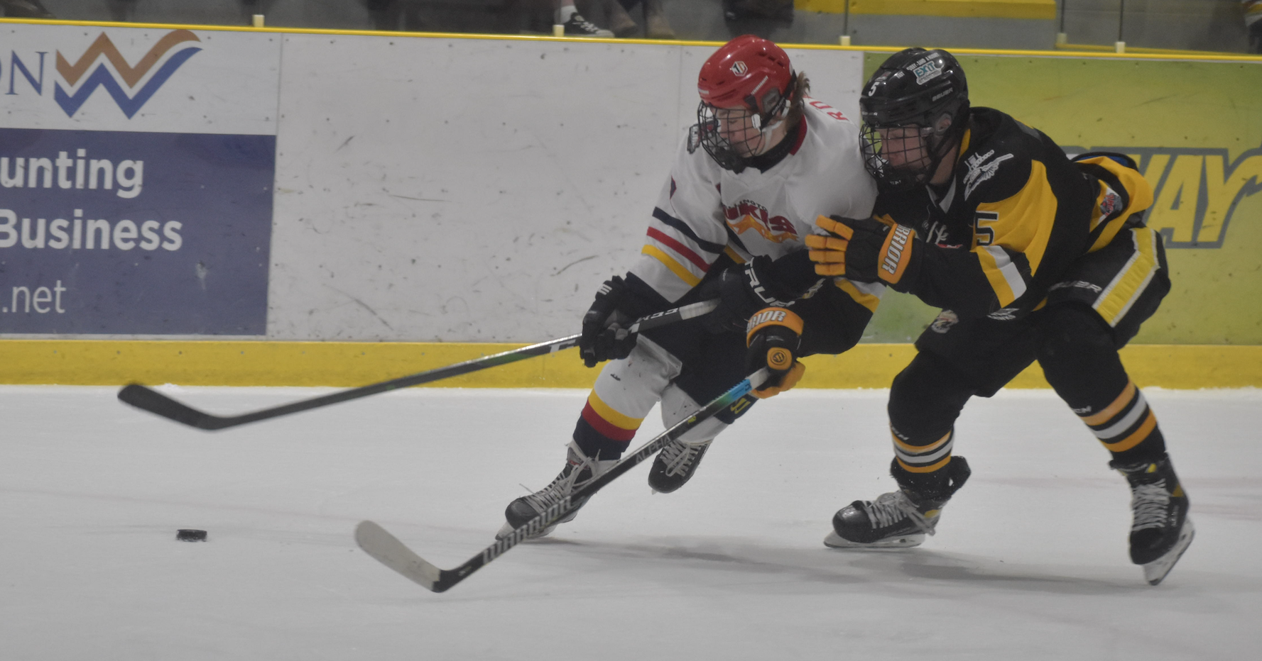 <p>Wellington&#8217;s Corbin Roach tries to drive past Trenton Golden Hawks defender Stefan Dobrich during the second period of Wellington&#8217;s 3-2 overtime loss Friday night at Lehigh Arena. Despite the set back-and the loss of the Hasty P&#8217;s cup- Wellington laid claim to the biggest prize, the Eastern Division title. (Jason Parks/Gazette Staff)</p>
