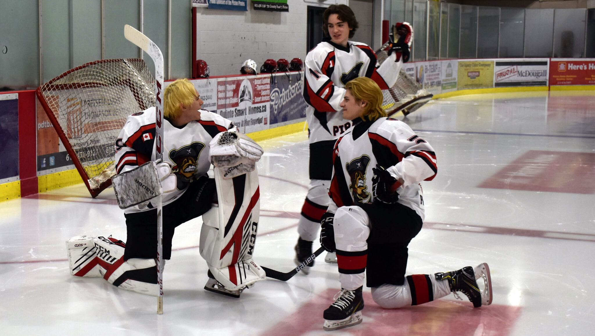 <p>BRIGHT FUTURE From left,  Nolan Lane, Cole Stevenson and Trot Davis share a laugh at the Picton Pirates team photo night this week.</p>

