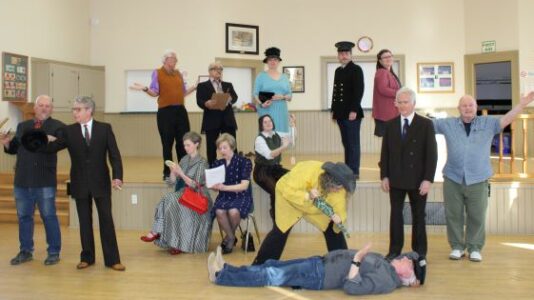 <p>OH, THE SUSPENSE-The cast of Radio Suspense Theatre perform a dress rehearsal at the Demorestville Town Hall.  (Back Row, L-R: Gerry Stewart, Sid Wells, Lenni Stewart, Ben Thornton, Becky Mulridge. Front Row, L-R: Bruce Adema, Paul Massey, Kim Kennedy, Roxanne Mackenzie, L. Jaye Snyder, Lesley Snyder, Phillip Knox, Michael Cuddy and Petery Coy) (Sarah Williams/Picton Gazette)</p>
