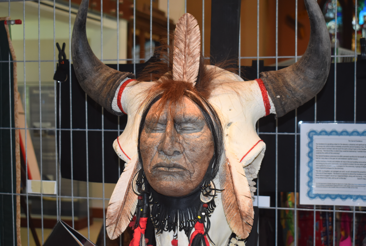 <p>Sundance by David R. Maracle is a striking piece that welcomes attendees to Art and Design, Indigenous Artists’ Exhibit and Sale at Macaulay Museum. (Jason Parks/Gazette Staff)</p>
