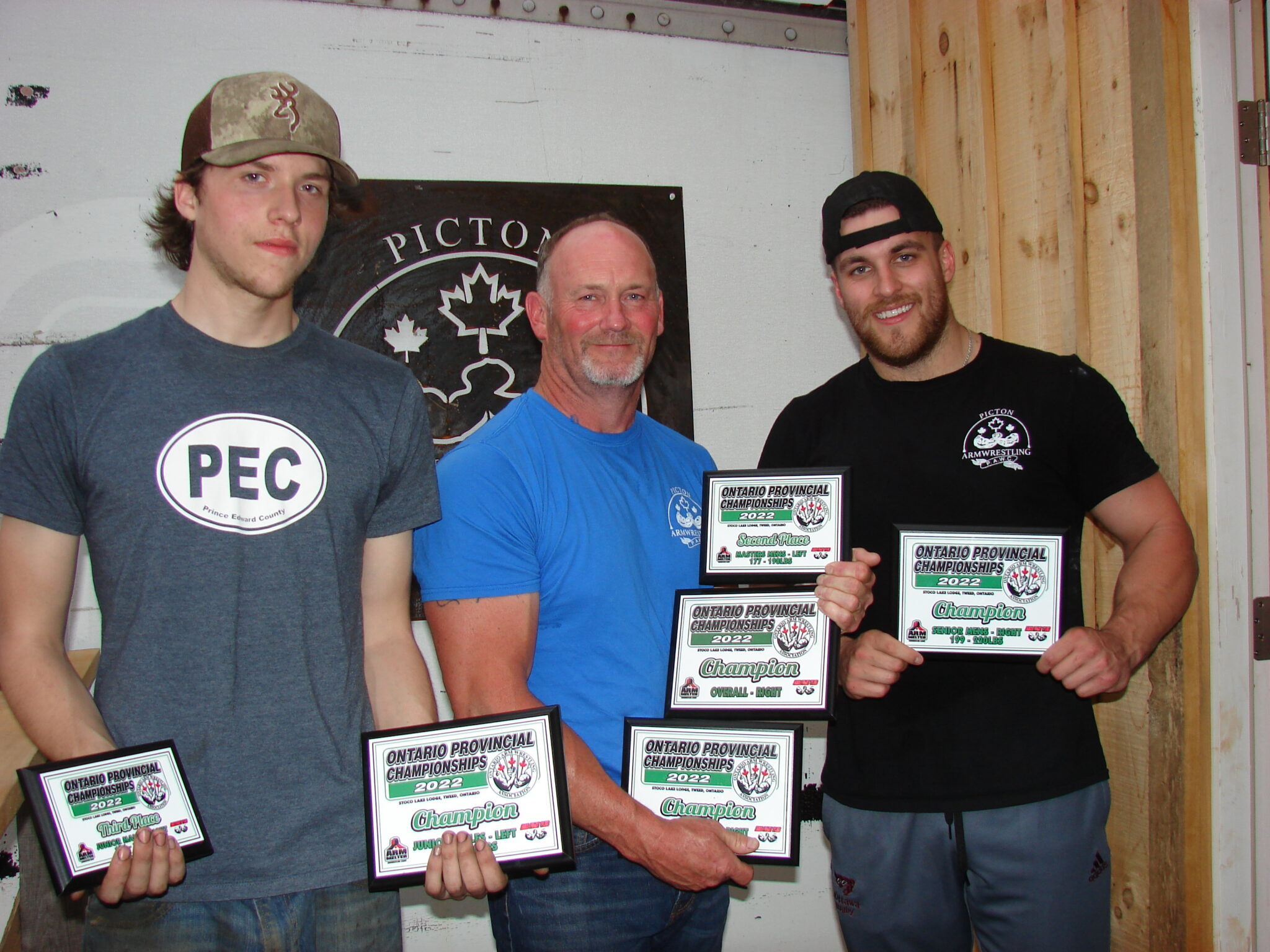 <p>Picton Arm Wrestling Club Members Oaklie Armstrong, Troy Eaton and Jeff Radford after the 2022 Provincials in Tweed May 21. (John McAlpine for the Gazette)</p>

