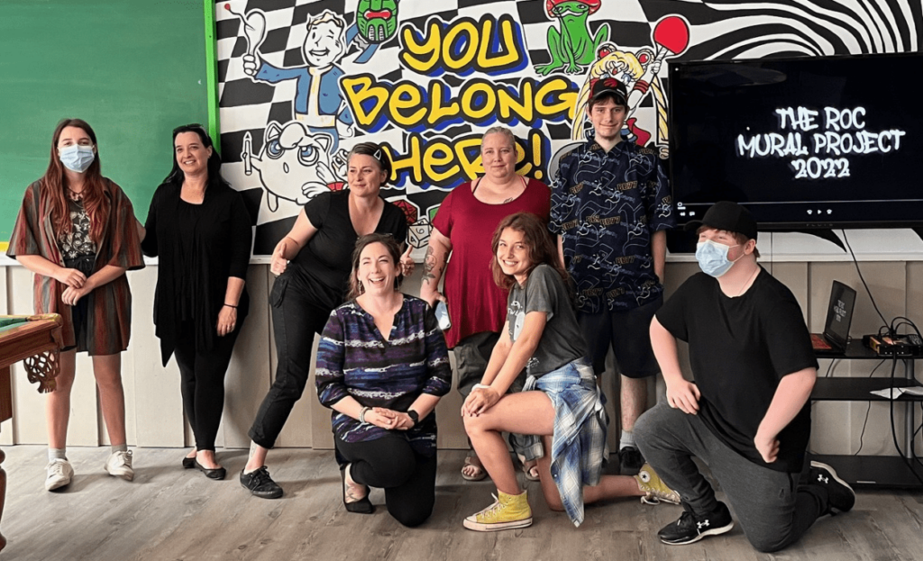 <p>YOU BELONG HERE- Mural project participants and their parents- (Back Row, L-R) Mira Barnes, Rachel Morris (parent), Artist Vanessa Rieger, Yvonne Cassibo (parent), Lee Cassibo (Front Row, L-R) Youth Centre Programs Coordinator Whitney Shantz, Maliyah Blatenszky, Nik Panagiotopoulos (Submitted Photo)</p>
