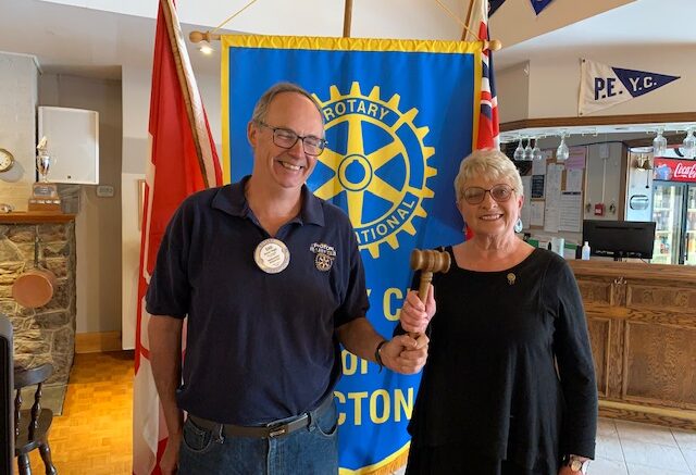 <p>HANDING OFF (left) Outgoing president of the Rotary Club of Picton Dan Wight and (right) incoming president Barbara Proctor passing the gavel. (Submitted photo)</p>
