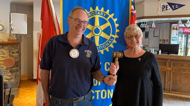<p>HANDING OFF (left) Outgoing president of the Rotary Club of Picton Dan Wight and (right) incoming president Barbara Proctor passing the gavel. (Submitted photo)</p>
