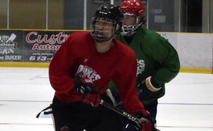 <p>Wellington Dukes hopeful Xaiver Brooks had a hand in the club’s last second goal Monday that forced overtime against the Cobourg Cougars.  (Jason Parks/Gazette Staff)</p>
