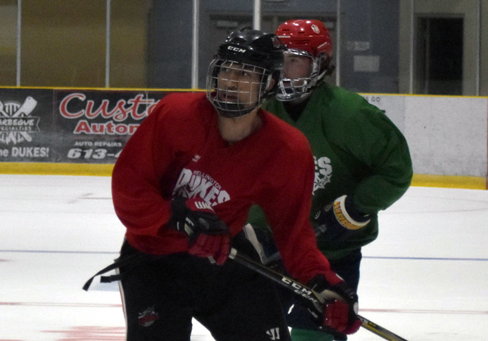 <p>Wellington Dukes hopeful Xaiver Brooks had a hand in the club’s last second goal Monday that forced overtime against the Cobourg Cougars.  (Jason Parks/Gazette Staff)</p>
