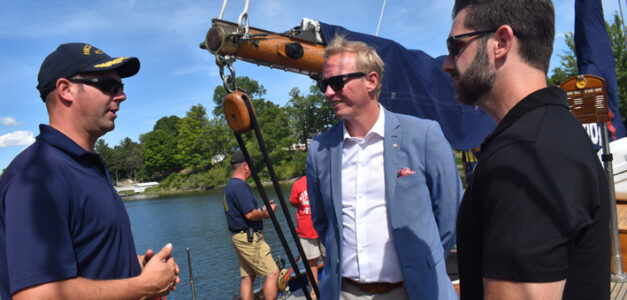<p>Lieutenant Commander Robert Pelton speaks with Bay of Quinte MP Ryan Williams and Picton Marina operator CJ Thompson Monday. (Jason Parks/Gazette Staff)</p>
