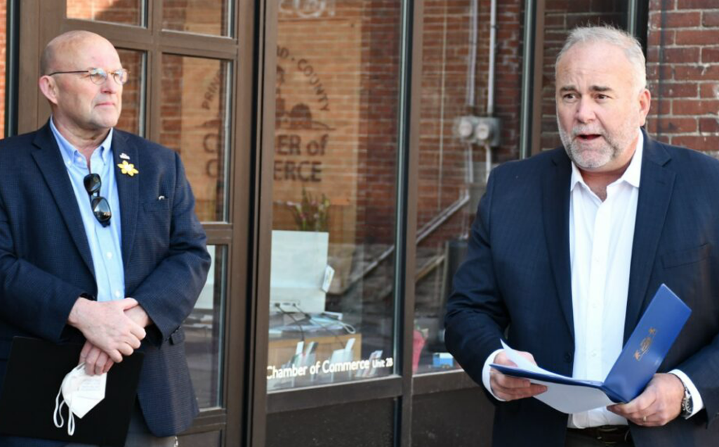 <p>UP TO SPEED  County of Prince Edward Mayor Steve Ferguson listens as Bay of Quinte MPP Todd Smith makes an announcement regarding Rural Economic Development funding in Picton earlier this spring. On Tuesday, Smith’s government announced an agreement to bring high speed Internet to remote areas in Prince Edward County.  (Submitted photo)</p>
