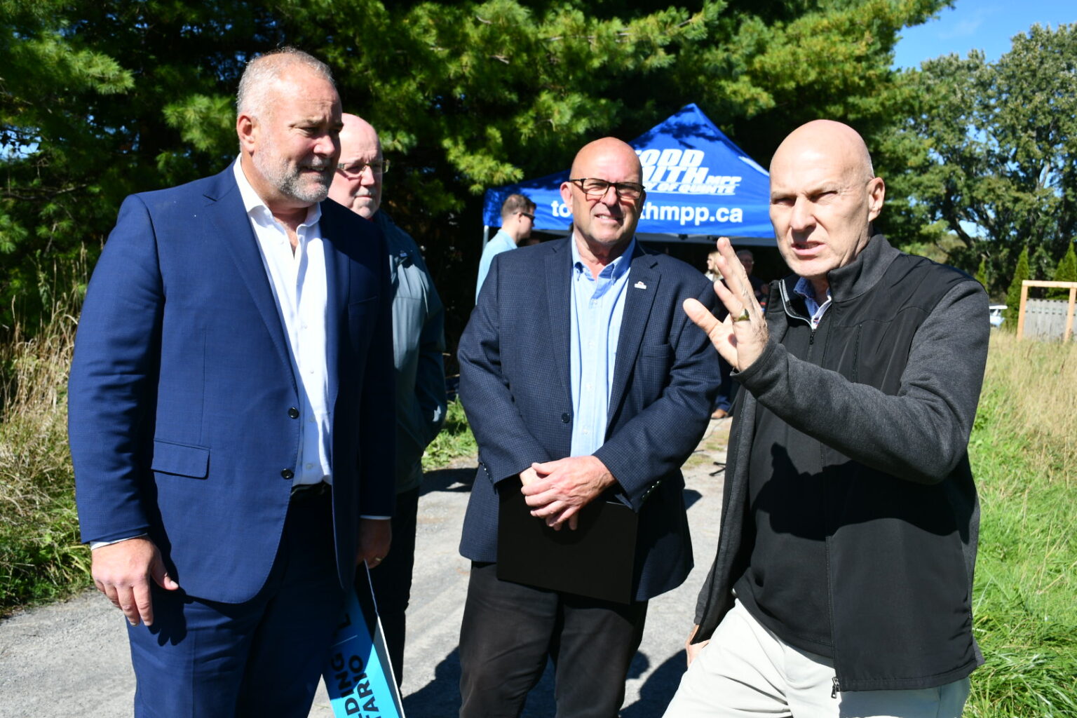 <p>From left MPP Todd Smith, Councillor John Hirsch, Mayor Steve Ferguson and local developer Dave Cleave at Thursday’s announcement of provincial funding that will see a new school built on Talbot St. that will replace St. Gregory Catholic School. (Submitted Photo)</p>

