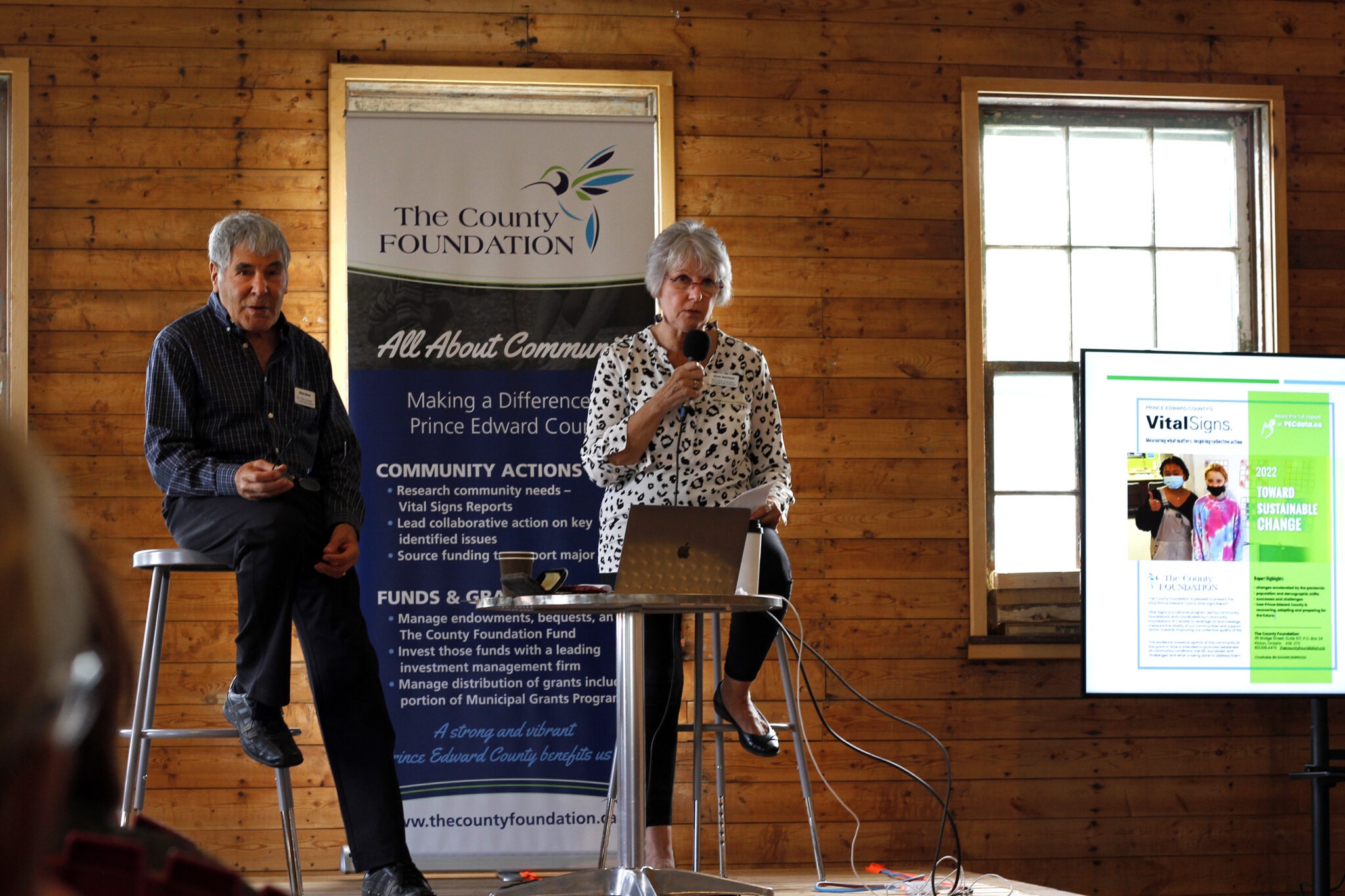 <p>ABOUT COMMUNITY-(L-R) Brian Beiles, President of The County Foundation and Anne Van Vlack, Coordinator of Vital Signs, spoke to a packed crowd eager to learn about the newest findings in the Vital Signs 2022 Report. (Desiree Decoste/Gazette Staff)</p>
