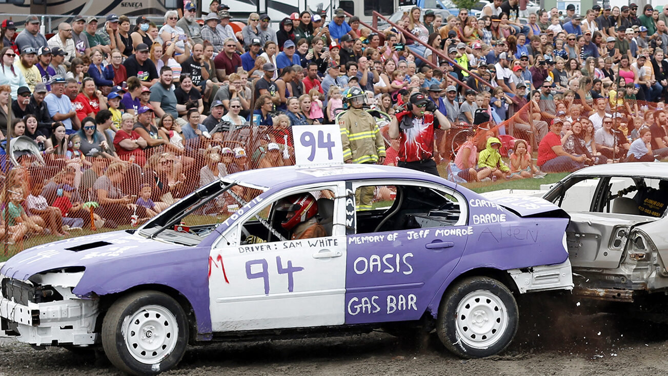 <p>Demolition derby drivers were trading paint on Sunday afternoon at the 2022 Picton Fair the hundreds in attendance were loving every minute of the proceedings.  (Desirée Decoste/Gazette Staff)</p>
