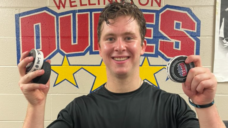 <p>Wellington Dukes Edward Moskowitz made his Wellington Dukes debut a night to remember, registering a hat trick in a 7-4 win over the Lindsay Muskies Friday night. (Wellington Dukes Twitter)</p>
