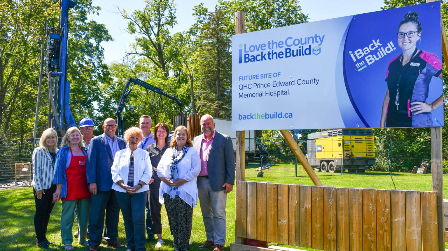 <p>Quinte Health Care is examining the porspects of Geothermal Energy Generation at the site of the new hospital. Pictured, from left at Friday’s site visit are Lina Rinaldi, Vice President and Chief Nursing Executive, QHC; Sharon Morcom, Board Director, PECMH Auxiliary; Peter Reitsma, Driller; Mayor Steve Ferguson, Prince Edward County; Barbara McConnell, Board Chair, PECMH Foundation; James Hildebrand, Director of Capital Development, QHC; Stacey Daub, President and CEO, QHC; Nancy Parks, Campaign Co-Chair, PECMH Foundation; Todd Smith, Bay of Quinte MPP & Minister of Energy. (Submitted Photo)</p>
