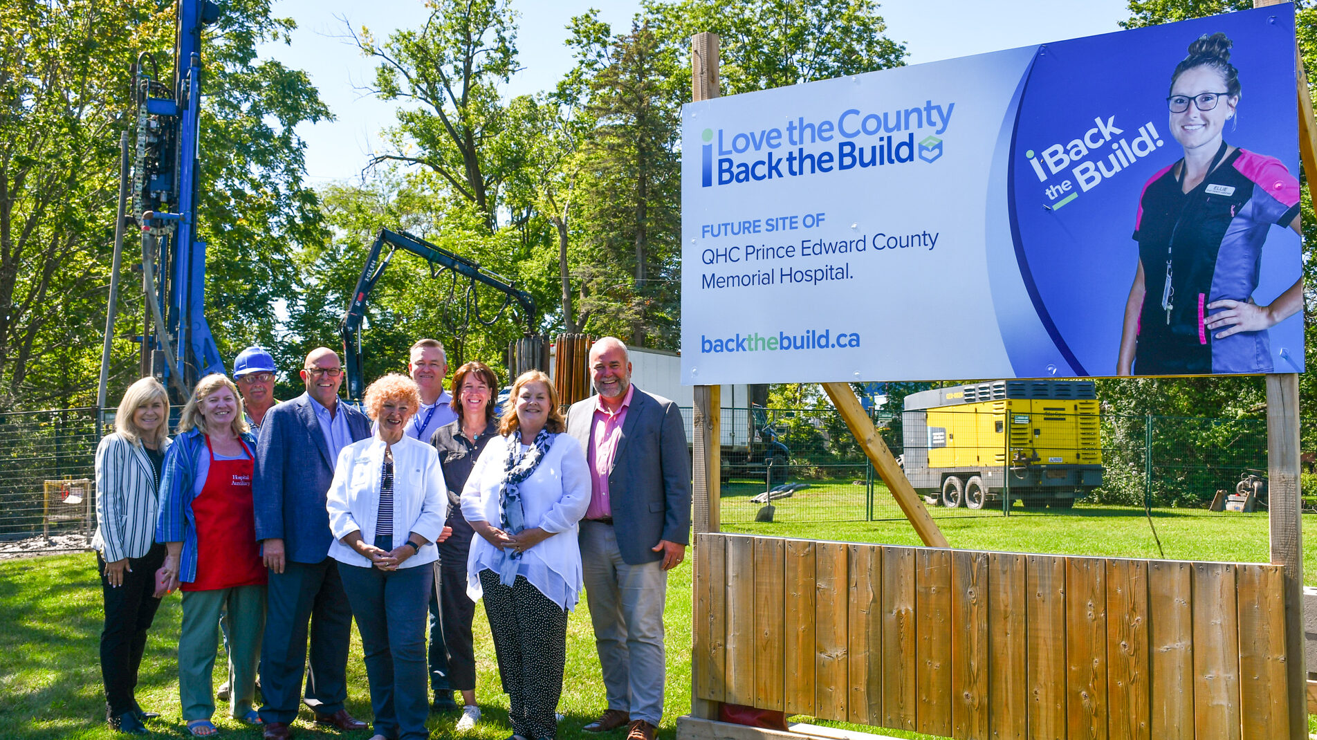 <p>Quinte Health Care is examining the porspects of Geothermal Energy Generation at the site of the new hospital. Pictured, from left at Friday’s site visit are Lina Rinaldi, Vice President and Chief Nursing Executive, QHC; Sharon Morcom, Board Director, PECMH Auxiliary; Peter Reitsma, Driller; Mayor Steve Ferguson, Prince Edward County; Barbara McConnell, Board Chair, PECMH Foundation; James Hildebrand, Director of Capital Development, QHC; Stacey Daub, President and CEO, QHC; Nancy Parks, Campaign Co-Chair, PECMH Foundation; Todd Smith, Bay of Quinte MPP & Minister of Energy. (Submitted Photo)</p>
