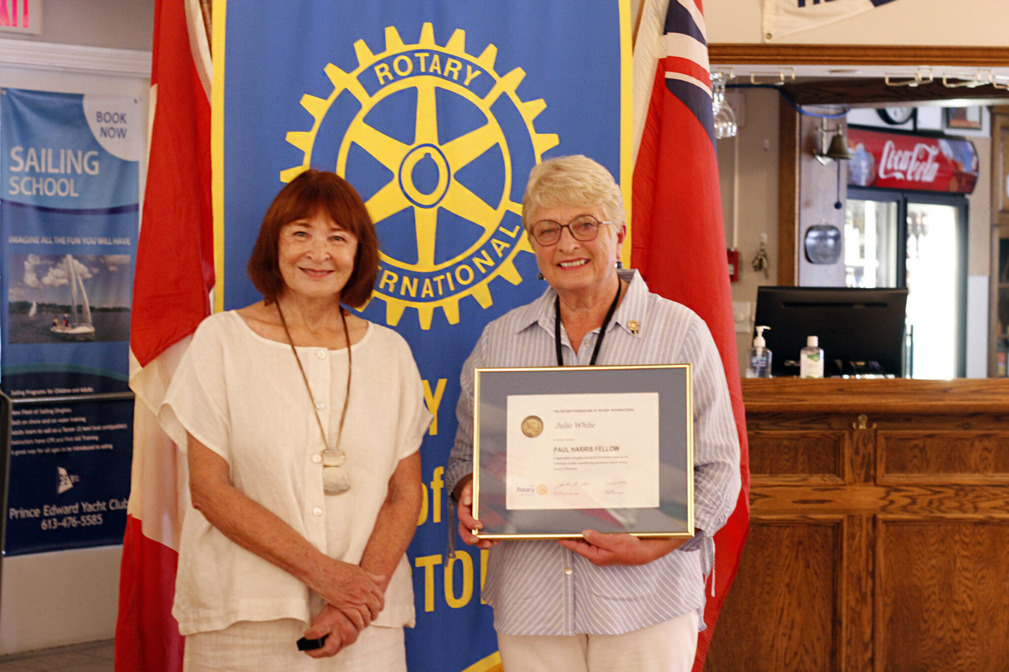 <p>(left) Julie White receiving the Paul Harris Fellow Award from The Rotary Club of Picton president Barbara Proctor at Tuesday’s meeting at the Yacht Club in Picton. (Desirée Decoste/Gazette staff)</p>

