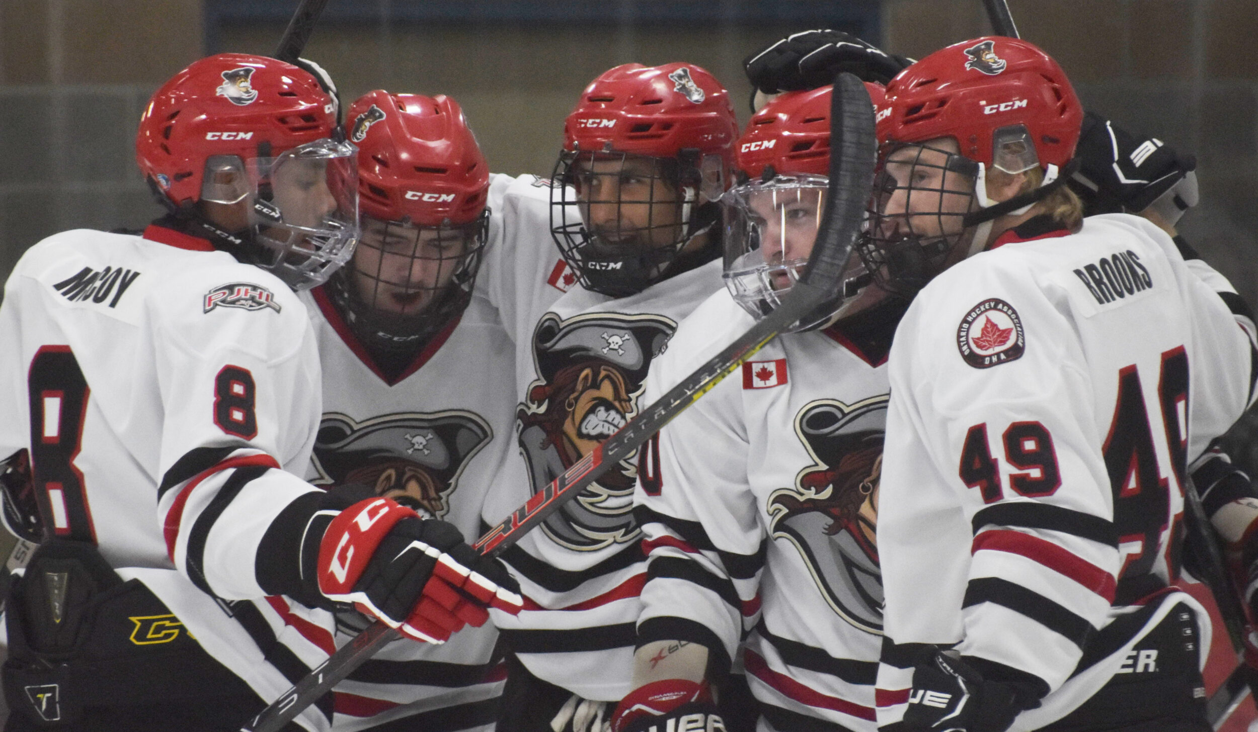 <p>Picton’s Rheydan McCoy, Reese Hancock, Nick Kirby, Hunter Matthysse and Zack Brooks celebrate Kirby’s goal in the first period the Friday’s game in Napanee. (Gazette Staff)</p>
