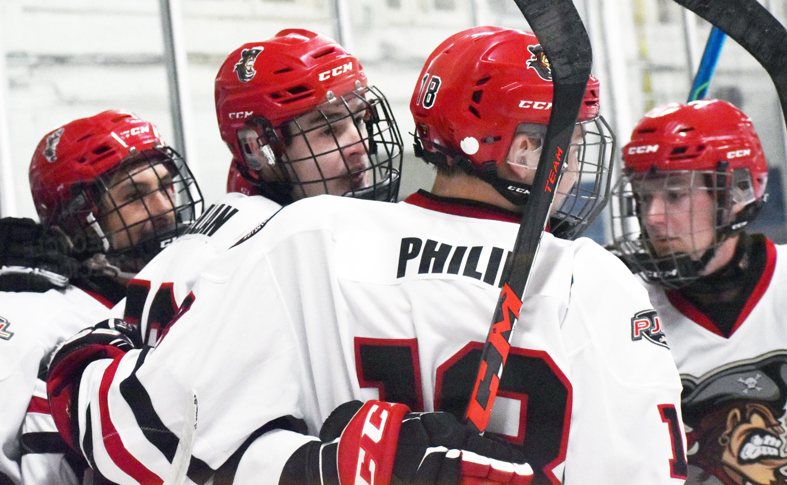 <p>(Centre) Landon McLellan’s second period goal set up by Liam Philip was one of eight tallies for the local PJHL team in Campbellford Saturday night. (Gazette Staff)</p>
