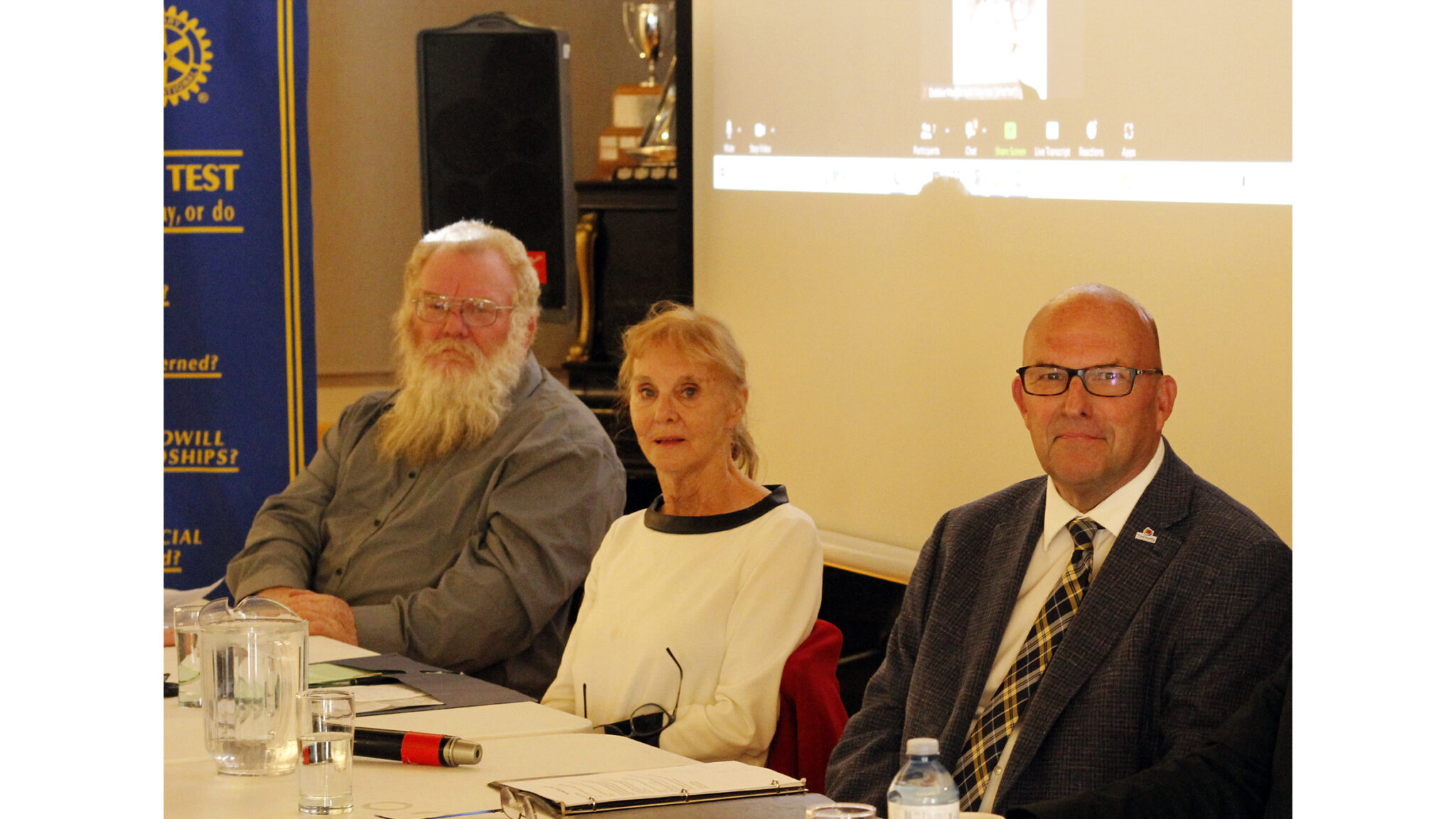 <p>Mayoral candidates (left to right) Kyle Mayne, Diane O’Brien, Steve Ferguson and Terry Shortt via Zoom spoke to Picton Rotary last week at the clubs weekly meeting at the Yacht Club in Picton. (Desirée Decoste/Gazette staff)</p>
