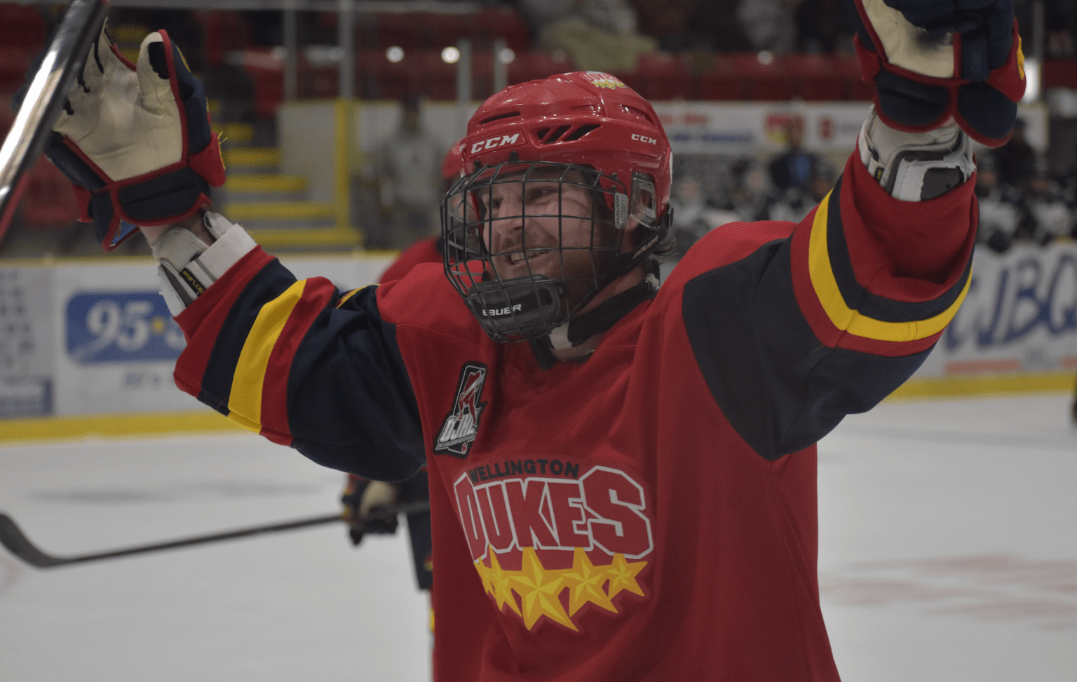 <p>Nate Woods was a happy skater Friday as he scored his first two OJHL goals in an 11-3 win over visiting Toronto. (Jason Parks/Gazette Staff)</p>
