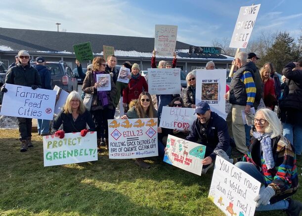 <p>About 150 protestors voiced their anger about Bill 23 at Bay of Quinte MPP Todd Smith’s office Thursday. (Submitted Photo)</p>
