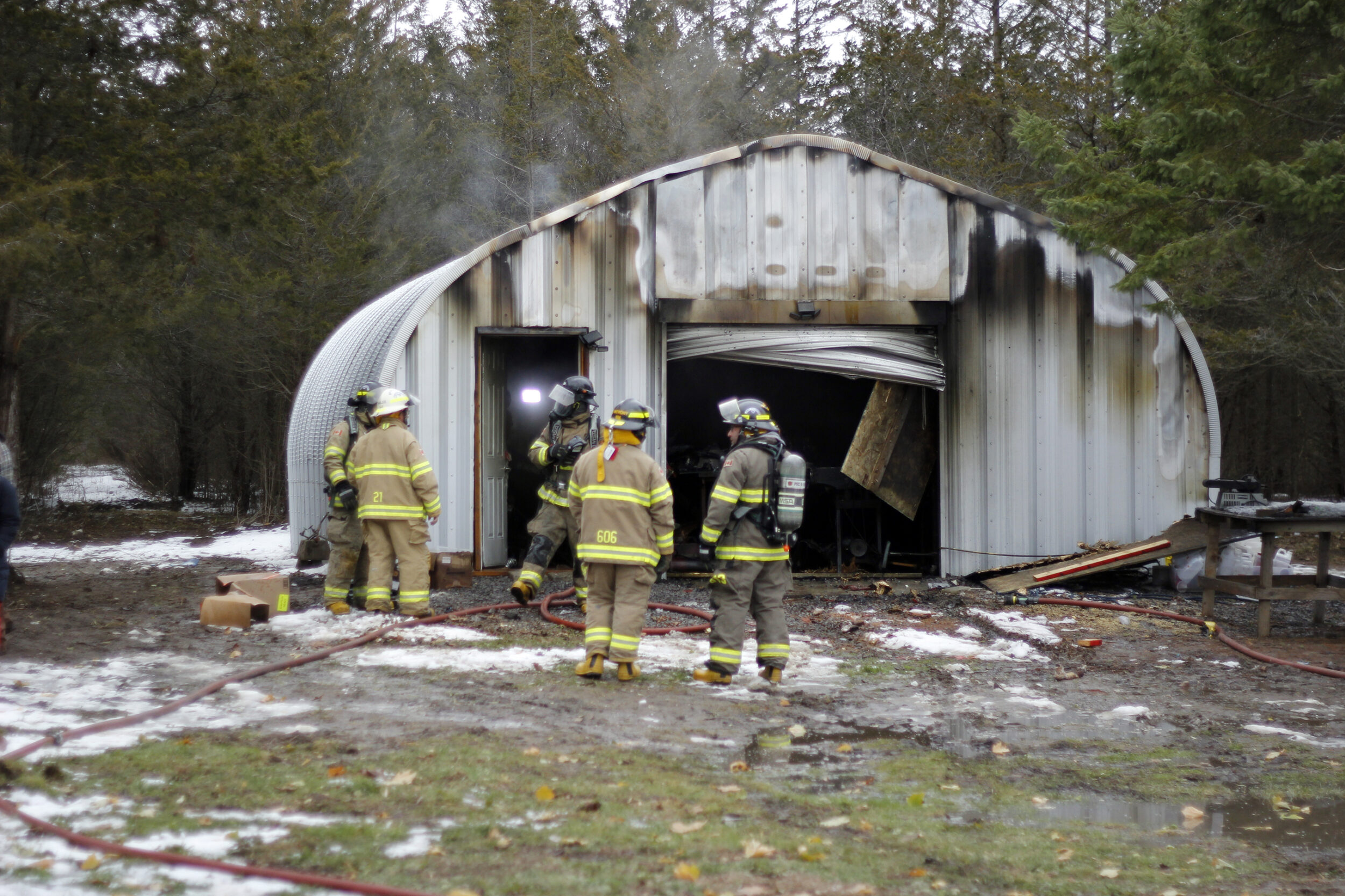 <p>Fire crews from Station 6 and 8 were called to this quonset building fire on Tuesday. ((Desirée Decoste/Gazette staff)</p>
