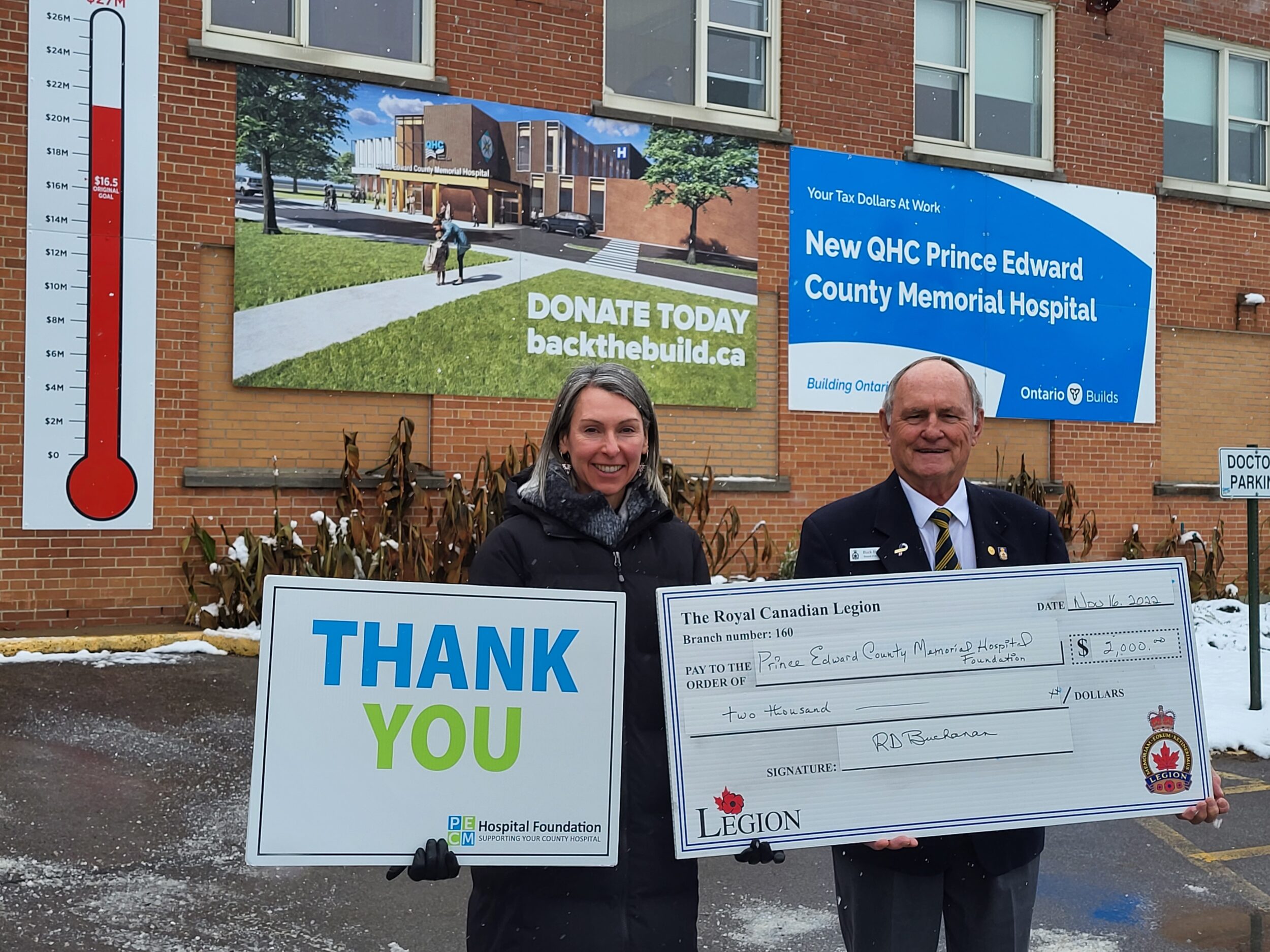 <p>Pictured in front of the PECM Hospital from left: Shannon Coull, executive director of the PECMH Foundation and Buck Buchanan, poppy fund chairperson.<br />
(Briar Boyce for the Gazette)</p>
