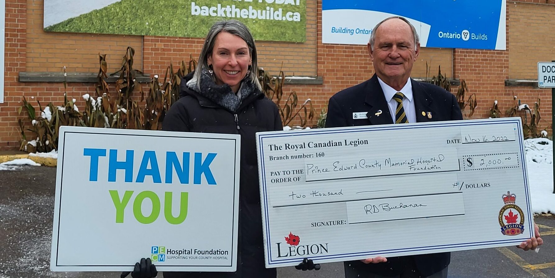 <p>Pictured in front of the PECM Hospital from left: Shannon Coull, executive director of the PECMH Foundation and Buck Buchanan, poppy fund chairperson.<br />
(Briar Boyce for the Gazette)</p>
