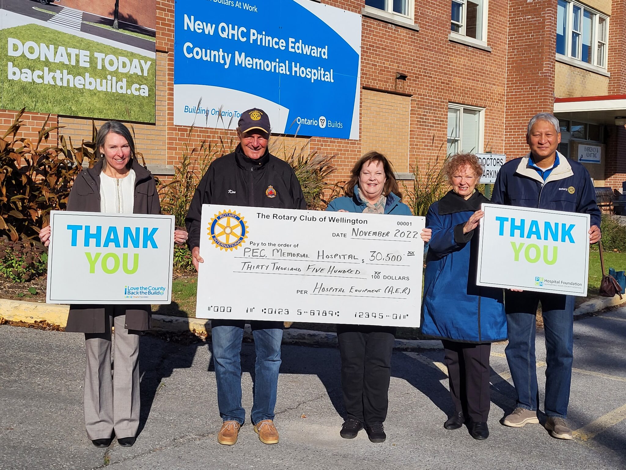 <p>Pictured in front of the PECM Hospital in Picton from left: Shannon Coull, executive director of the PECMH Foundation; Ken Robertson, president of the Rotary Club of Wellington; Nancy Parks, Back the Build campaign chairperson; Barbara McConnell, chairperson of the PECMH Foundation and Phyo Kyi, chair of the Rotary Club of Wellington Foundation. (Submitted Photo)</p>
