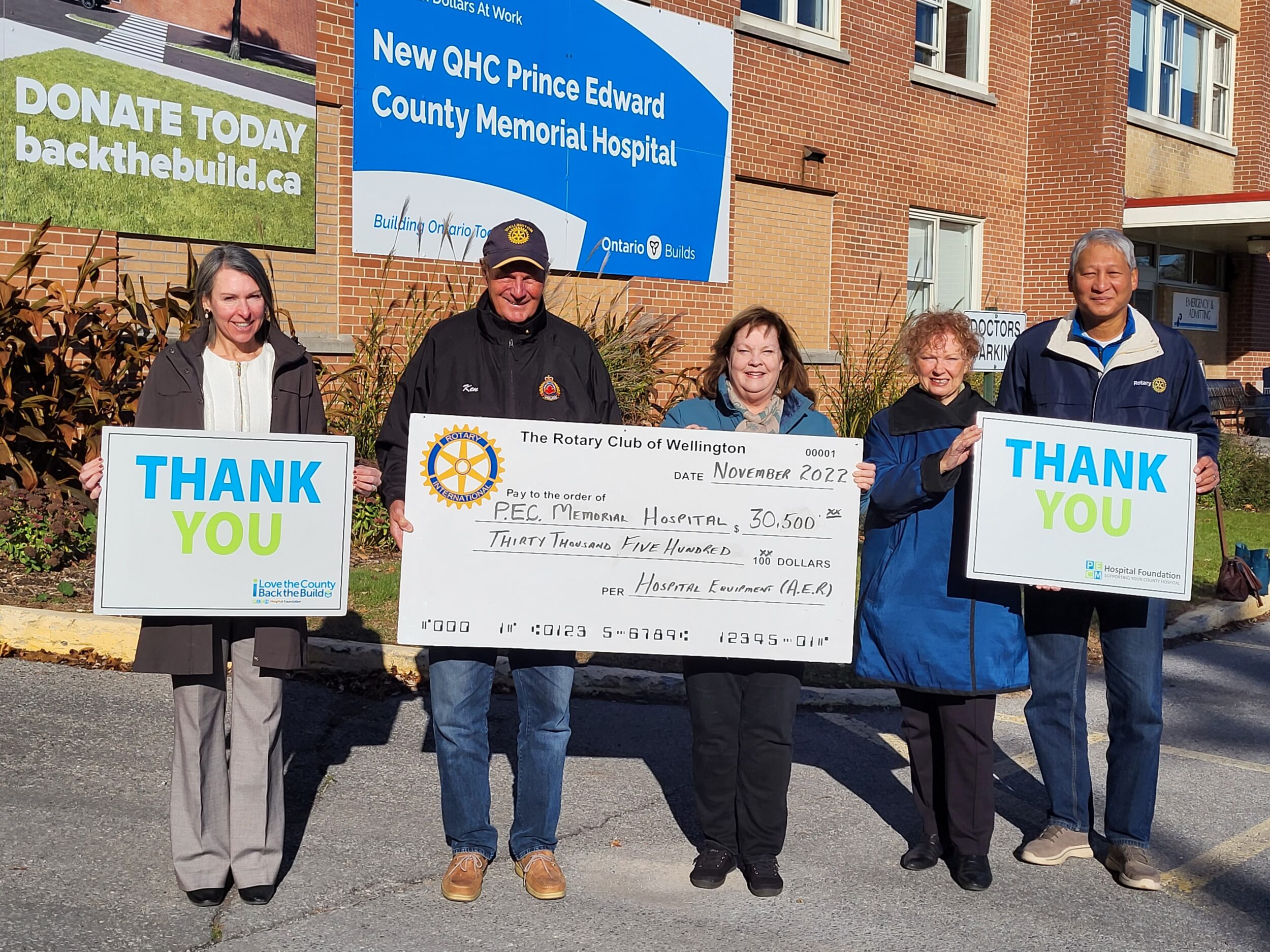 <p>Pictured in front of the PECM Hospital in Picton from left: Shannon Coull, executive director of the PECMH Foundation; Ken Robertson, president of the Rotary Club of Wellington; Nancy Parks, Back the Build campaign chairperson; Barbara McConnell, chairperson of the PECMH Foundation and Phyo Kyi, chair of the Rotary Club of Wellington Foundation. (Submitted Photo)</p>
