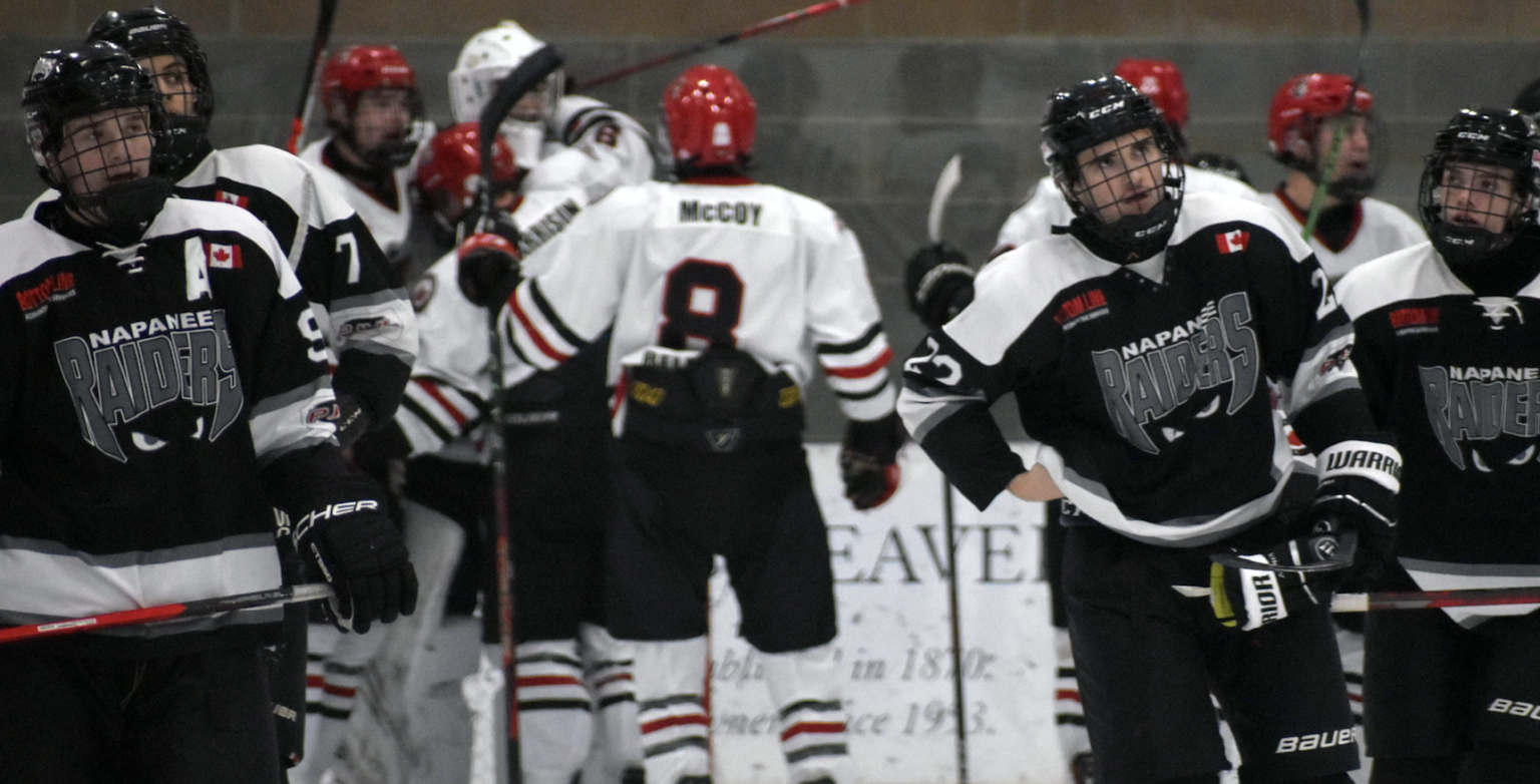 <p>The Napanee Raiders appear to be looking for answers as the Picton Pirates celebrate their win Friday night. Picton handed the hosts their first loss in 17 games. (Gazette Staff)</p>
