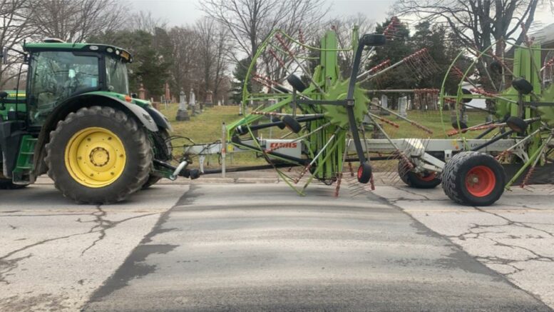 <p>IN THE SLOW LANE-Local farmer, Cailan Raistrick, quickly discovered some of his farm machinery could not handle the new speed bumps in Cherry Valley. (Submitted photo)</p>
