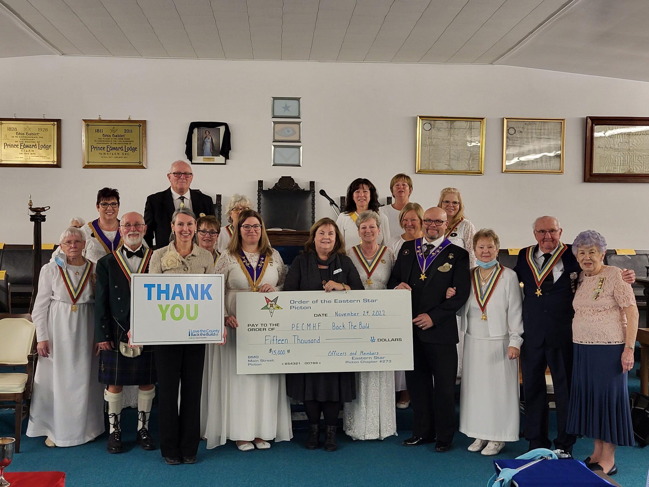 <p>GENEROSITY IN ACTION-Pictured at the Masonic Lodge in Picton are PECMHF’s Executive Director Shannon Coull and Back the Build Campaign Chairperson Nancy Parks with members of the Picton Chapter #273, Order of the Eastern Star. (Submitted Photo)</p>
