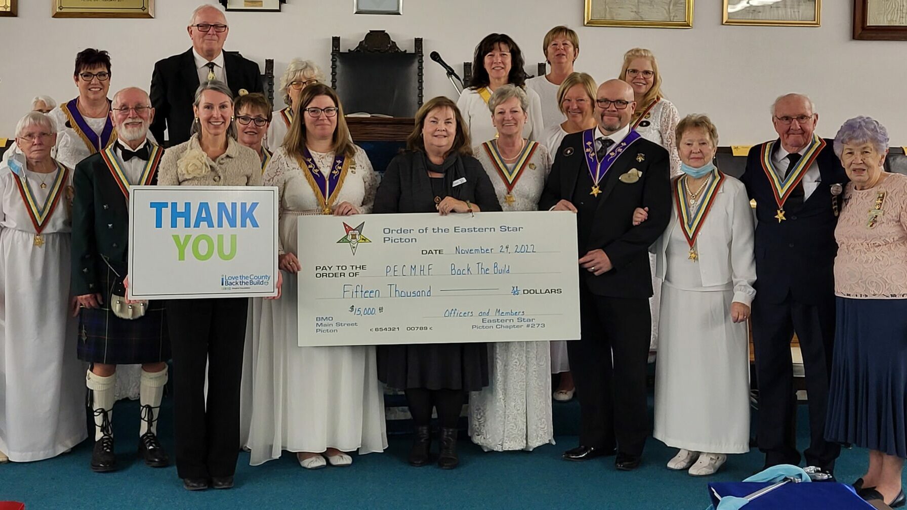 <p>GENEROSITY IN ACTION-Pictured at the Masonic Lodge in Picton are PECMHF’s Executive Director Shannon Coull and Back the Build Campaign Chairperson Nancy Parks with members of the Picton Chapter #273, Order of the Eastern Star. (Submitted Photo)</p>
