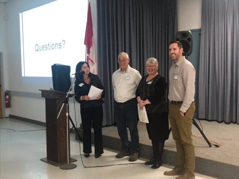<p>TALKING HOUSING- (Middle) Ken How and Donna Rodgers of LoveSong Housing spoke at the Madoc Township Recreation Hall recently.  (Submitted Photo)</p>
