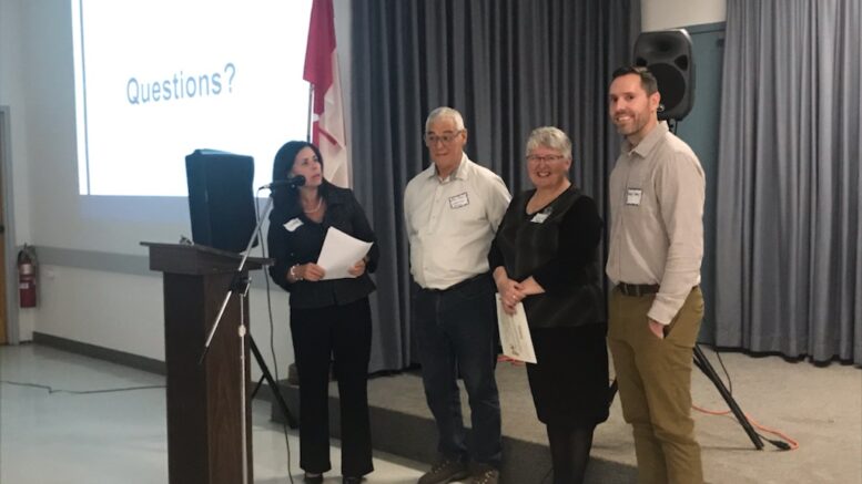 <p>TALKING HOUSING- (Middle) Ken How and Donna Rodgers of LoveSong Housing spoke at the Madoc Township Recreation Hall recently.  (Submitted Photo)</p>
