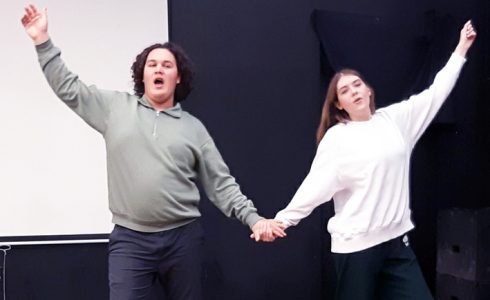 <p>Shelby Swackhammer and Kaitlyn Harris rehearse for PECI’s upcoming presentation of High School Musical.  (David Litke for the Gazette)</p>
