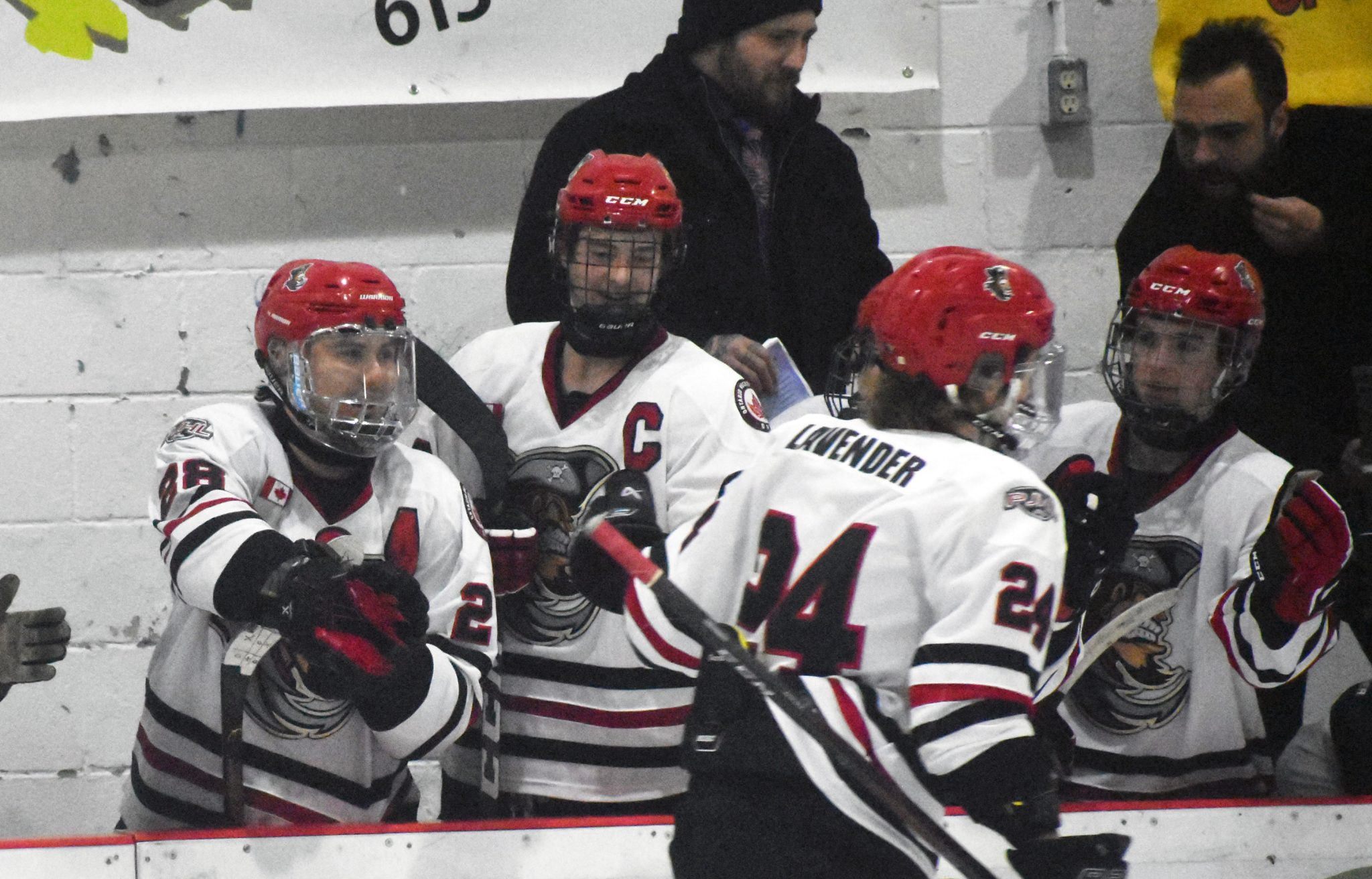 <p>The Pirates celebrate a goal in the second period of Thursday’s win over Campbellford. (Gazette Staff)</p>
