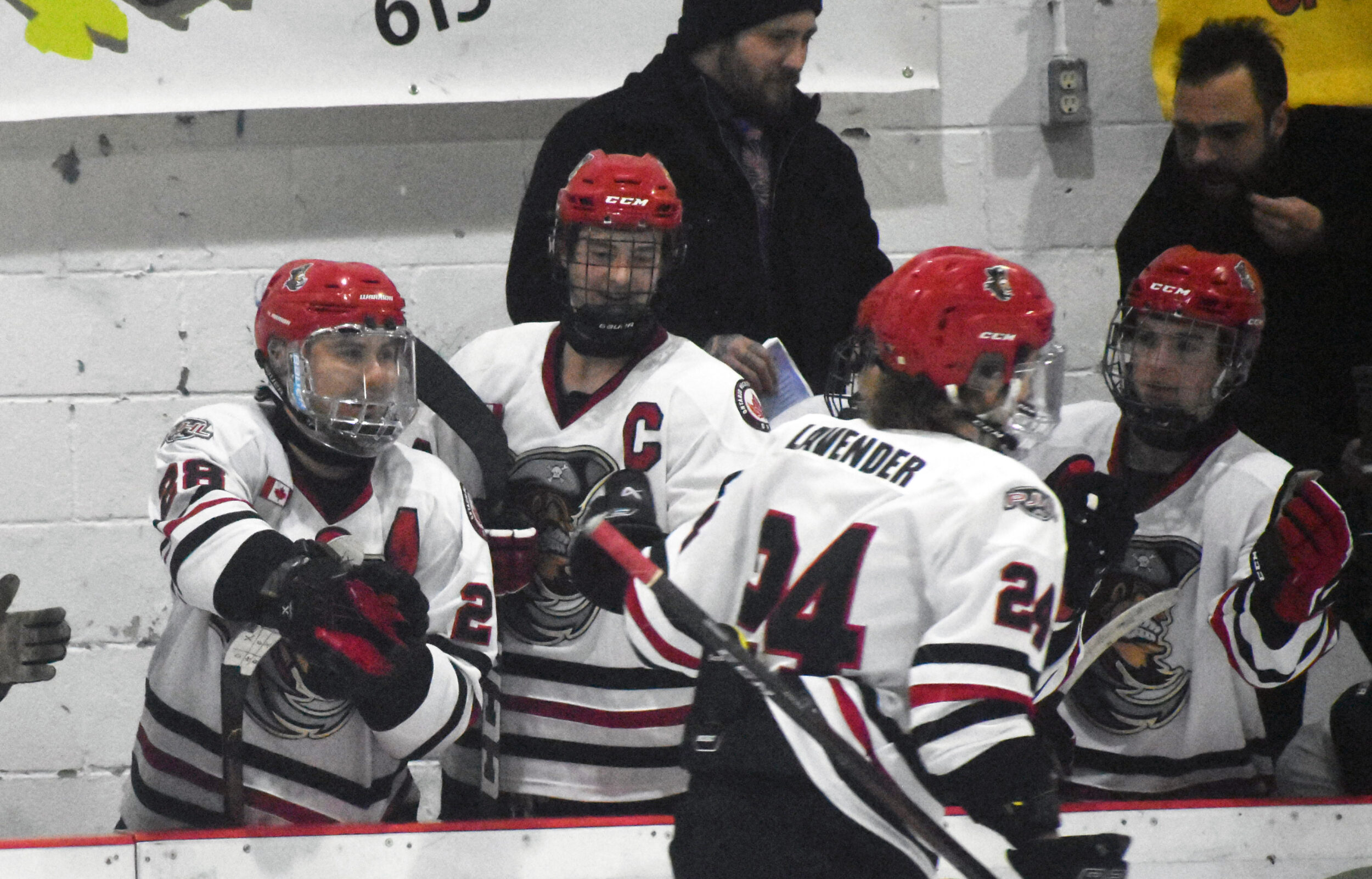 <p>The Pirates celebrate a goal in the second period of Thursday’s win over Campbellford. (Gazette Staff)</p>
