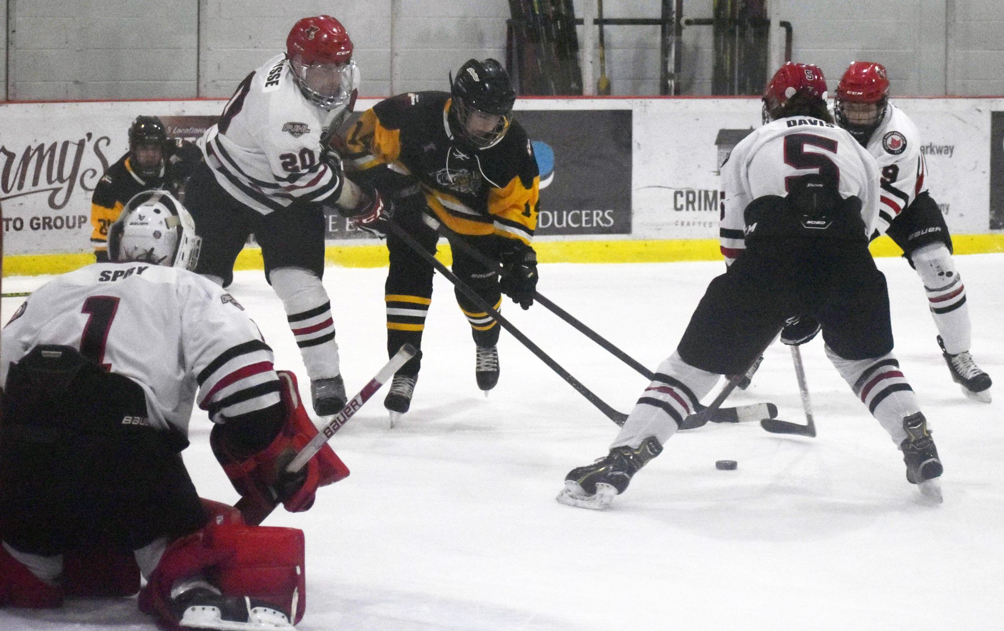 <p>Picton Pirates Hunter Matthysse and Trot Davis try to stop Riley Grimmon during Picton’s 6-2 win over visiting Frankford on Thursday night. (Gazette Staff)</p>

