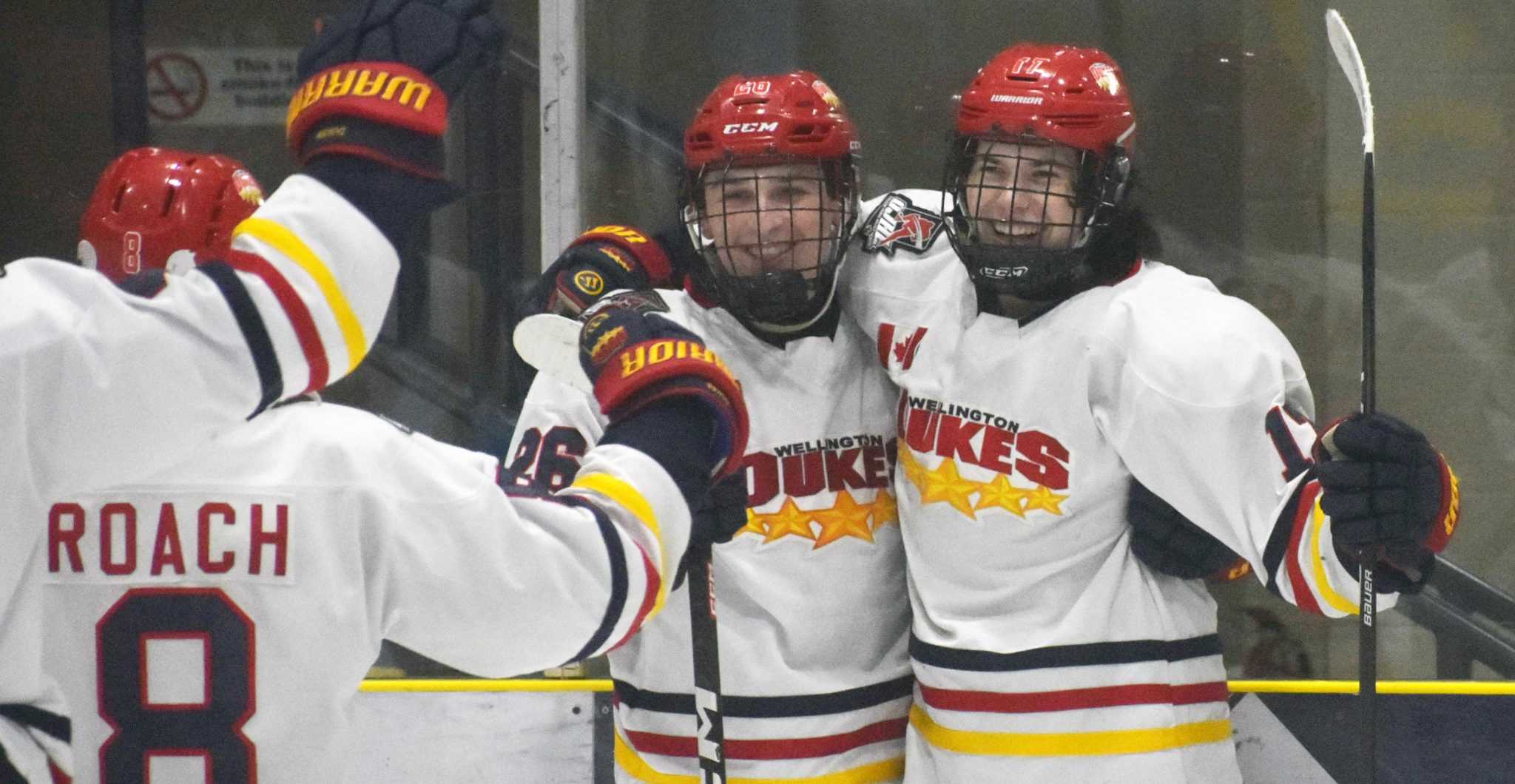 <p>(From left) Ethan Sullivan and Matheson Mason after the latter&#8217;s goal in the second period of the home side&#8217;s 6-3 win over visiting Trenton Friday night. (Jason Parks/Gazette Staff)</p>

