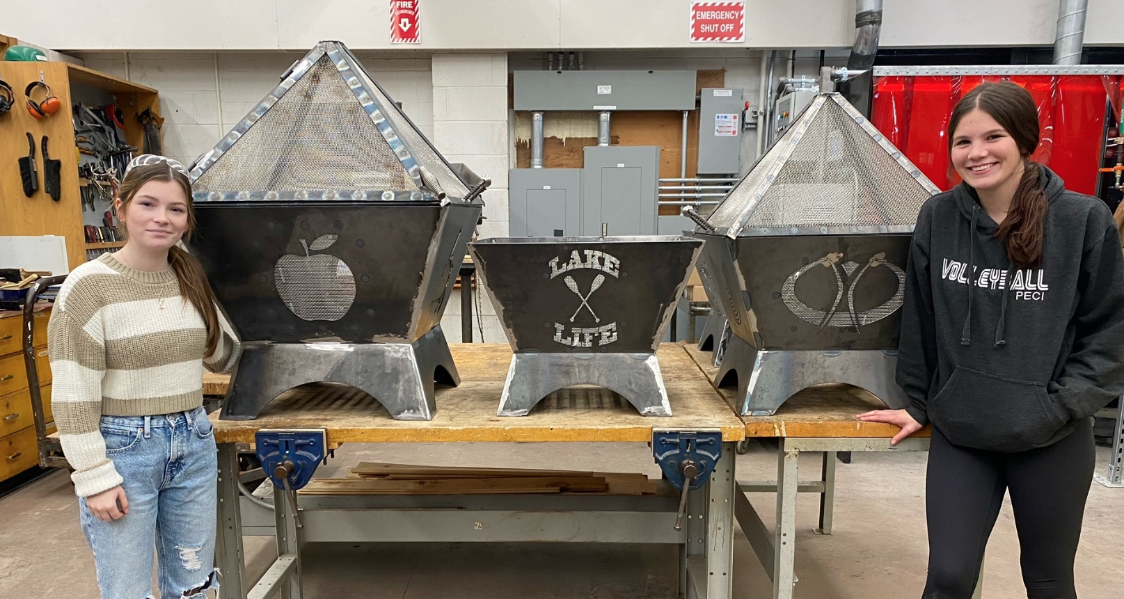 <p>PECI Grade 11 manufacturing students Sara and Raelyn have done an exceptional job with their fire pits constructed of 10 gauge steel featuring a stainless steel spark screen. Panthers enrolling into post secondary trades programs will  be eligible for a $10,000 two year scholarship. (HPEDSB Photo)</p>
