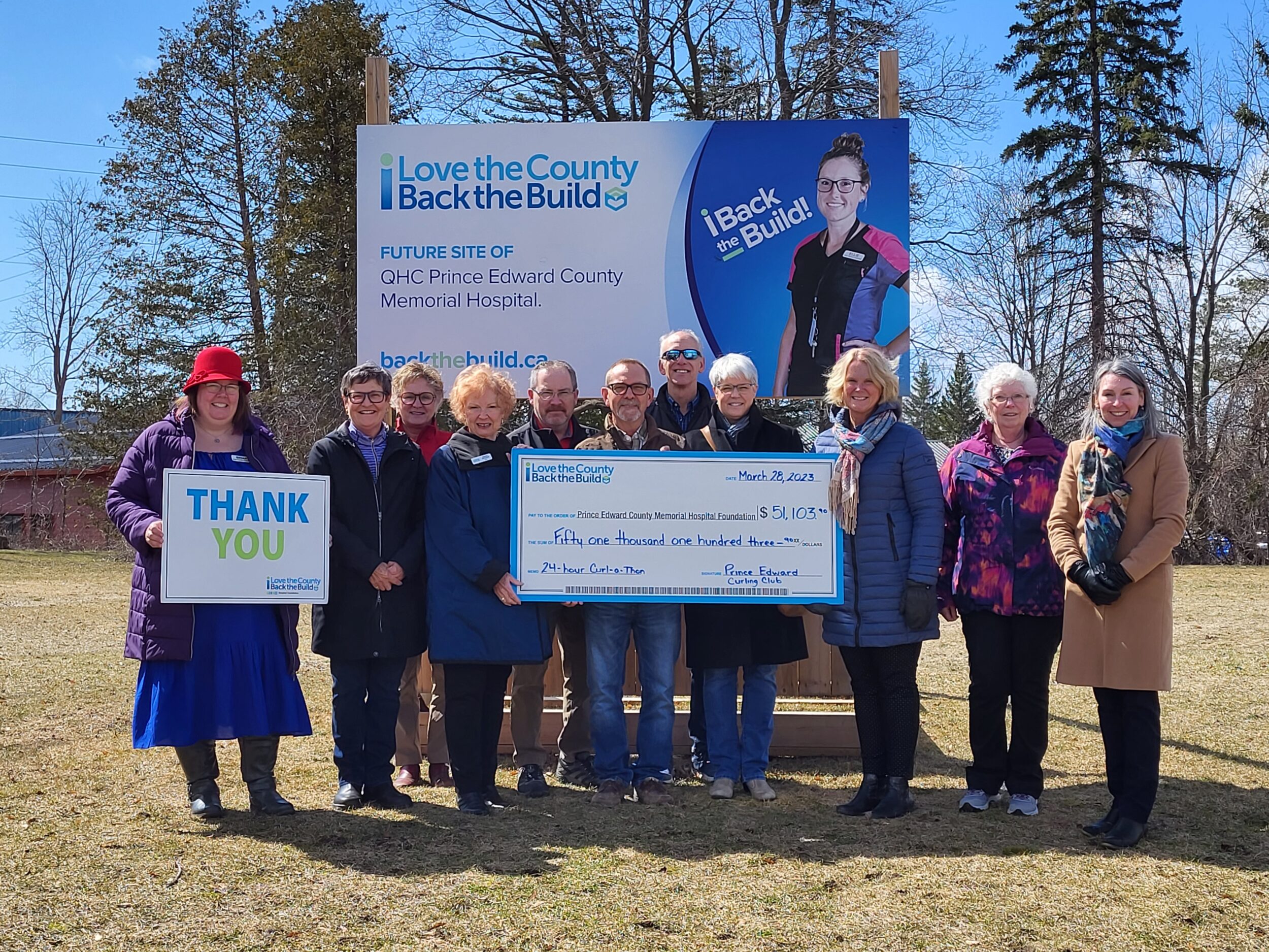 <p>Pictured on the site of the new hospital from left: Briar Boyce, senior development officer with PECMHF; Pam Piercey, curling club; Joanne Tammel, curling club; Barbara McConnell, chairperson of the PECMHF; Ron Stakes, curling club; Tom Dmytar, curling club; Brian Eden, curling club; Sue Locke, curling club; Lana Whitteker, curling club; Sherry Tait, director on the PECMHF Board and Shannon Coull, executive director of the PECMH Foundation.(Photo Abi Sampson)</p>
