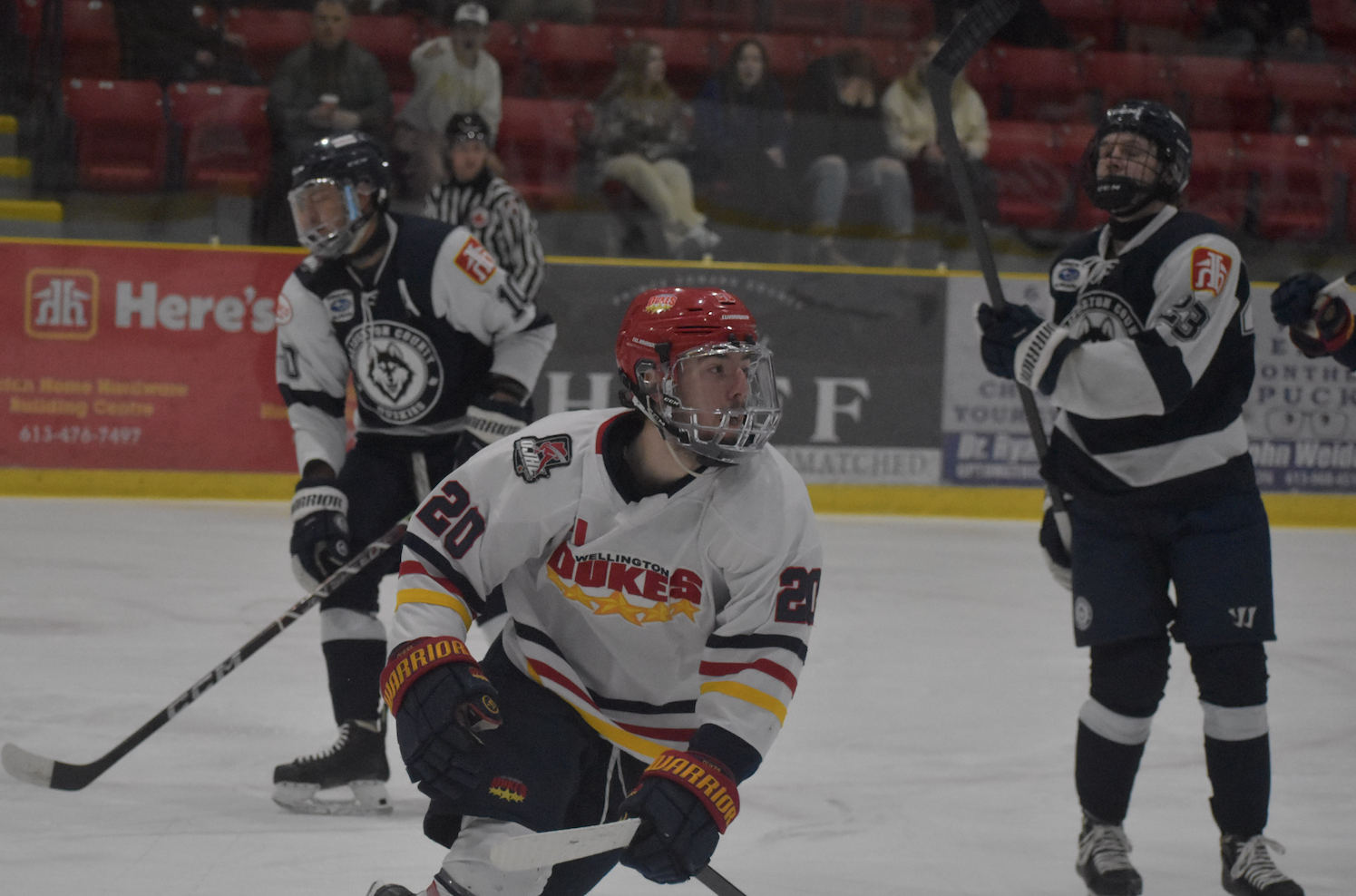 <p>Wellington Luke LaPalm has the second round’s opening goal Friday night at Lehigh Arena as the hosts went on to beat Haliburton 4-2. (Jason Parks/Gazette Staff)</p>
