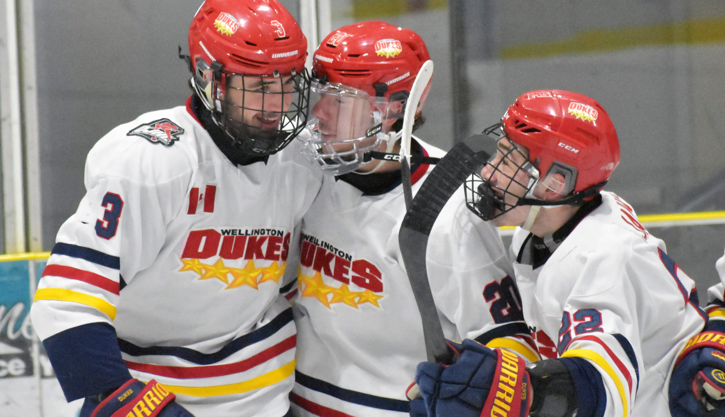 <p>(From Left) Trevor McDowell’s first OJHL goal in the first period of Sunday’s 4-1 win by the host Wellington Dukes over St. Mikes was enough to make Luke Lapalm and Julien Jacob smile. Wellington leads the opening round of the Buckland Cup playoffs 3-0. (Jason Parks/Gazette Staff)</p>
