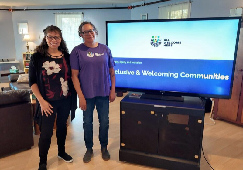 <p>All Welcome Here&#8217;s Jessica Lindsay- Sonkin and Judith Burfoot announced the launch of a discussion series on race matters. The first session gets underway March 21. (All Welcome Here photo)</p>
